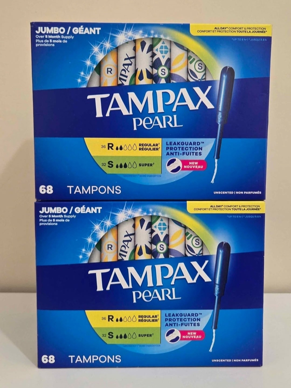 Tampax Pearl Jumbo Unscented Tampons, 2 Boxes 69ct Ea, Blue Packaging